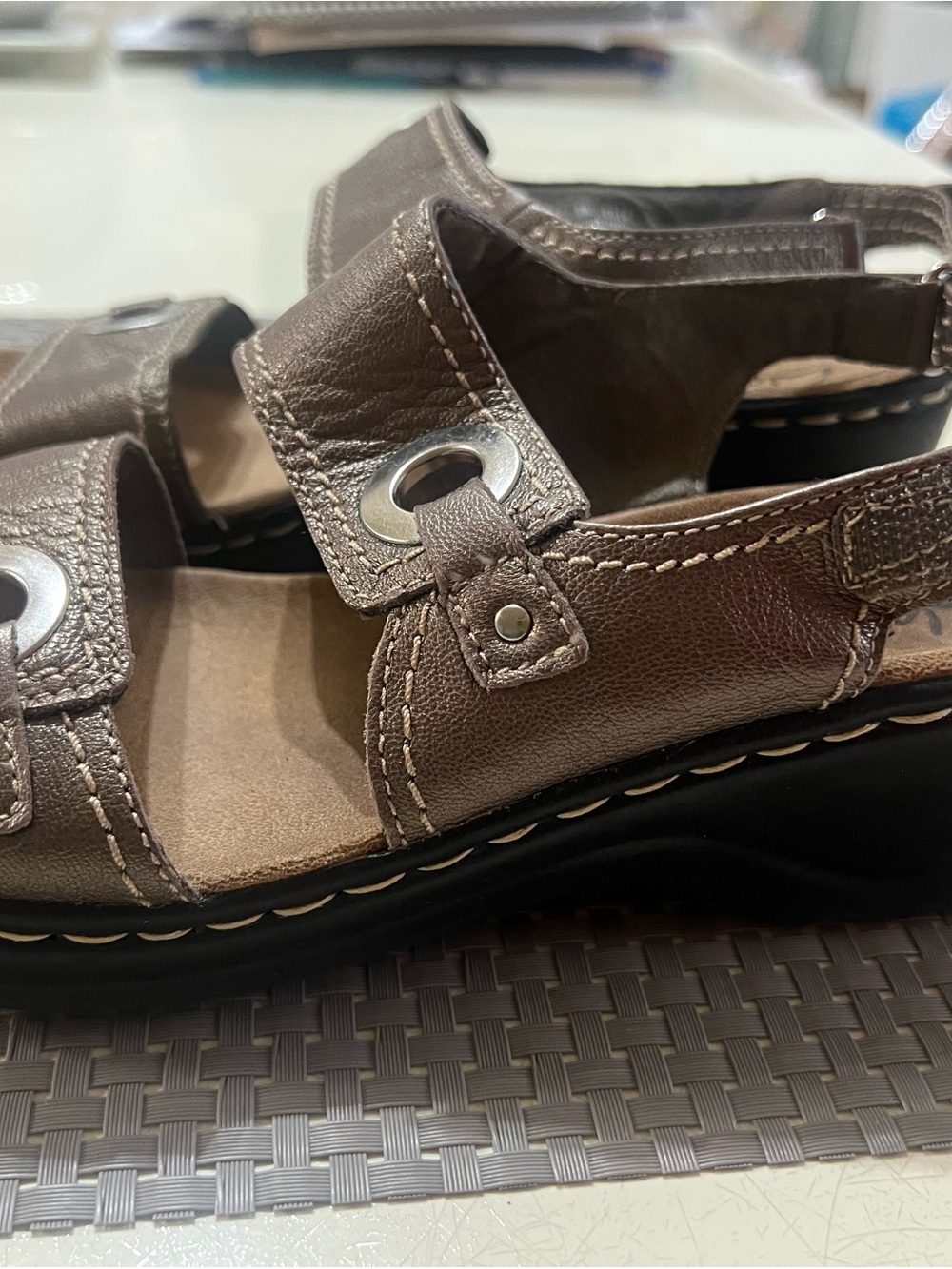 Clarks Brown Leather Slide Sandals with Metal Grommet Detail
